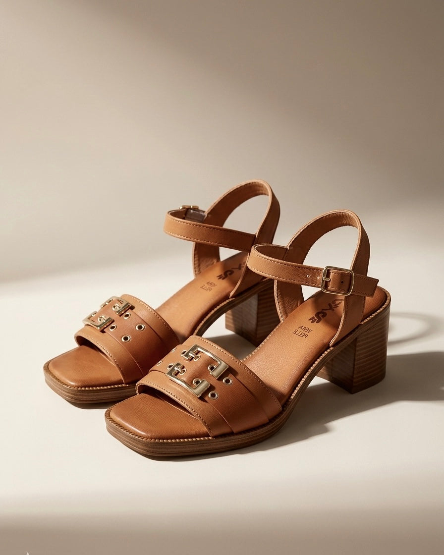 Sandali in vera pelle color cuoio con tacco block e plantare memory.