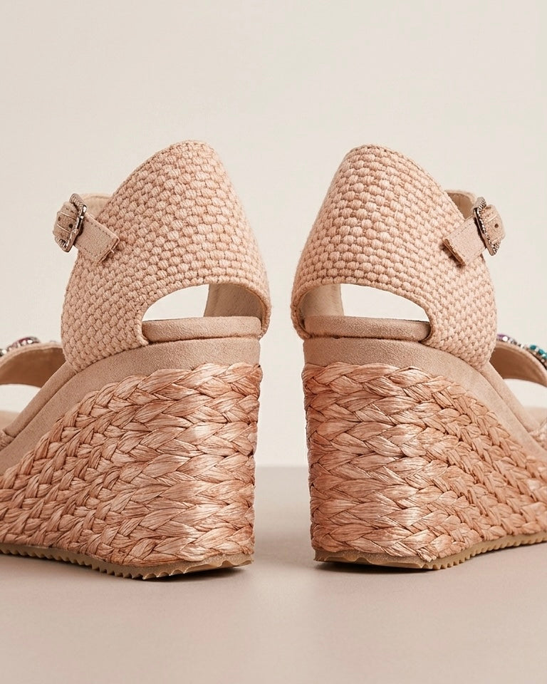 Sandali con zeppa e plateau beige cipria con fascia anteriore tempestata di pietre gioiello multicolor e cinturino alla caviglia - Buttò Calzature - retro.