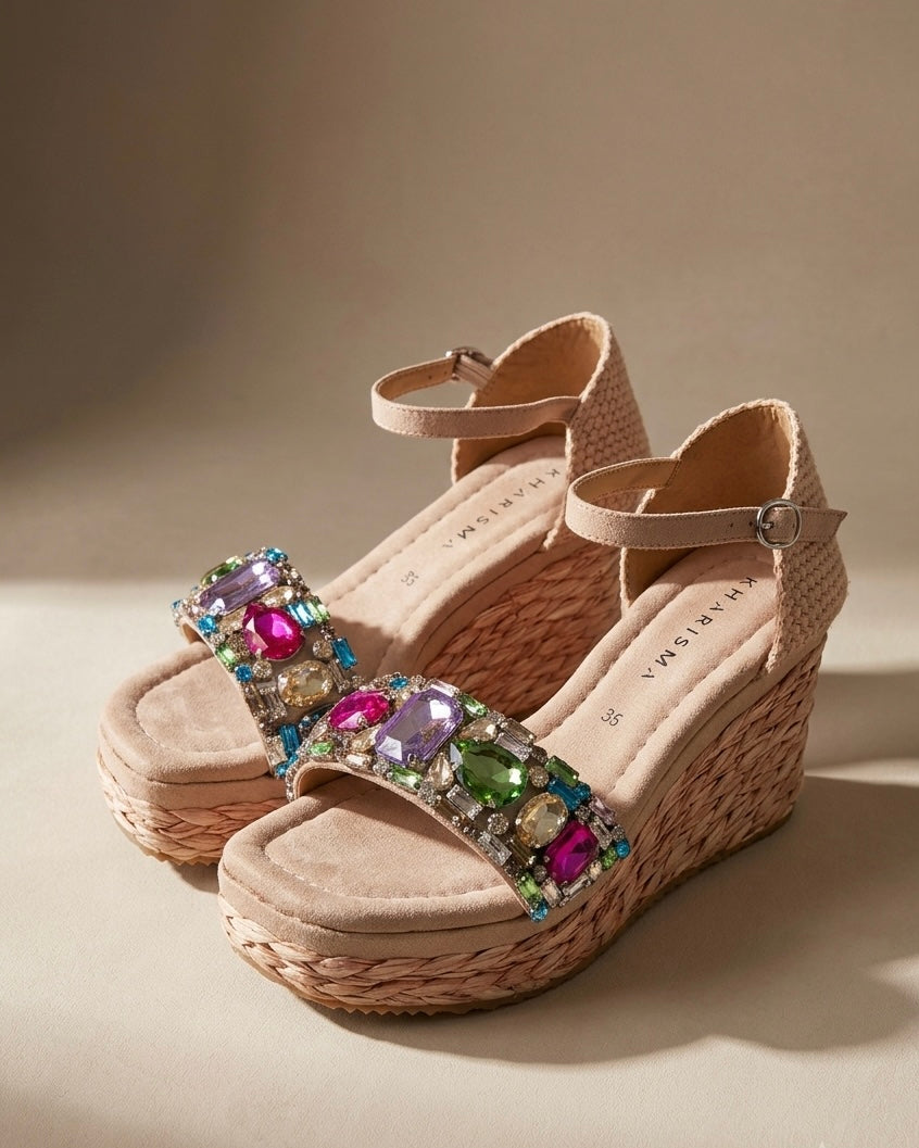Sandali con zeppa e plateau beige cipria con fascia anteriore tempestata di pietre gioiello multicolor e cinturino alla caviglia - Buttò Calzature.