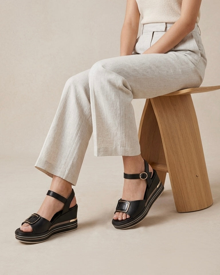 Sandali neri Donna Serena con zeppa rigata bicolore, fascia anteriore con fibbia geometrica oro e cinturino alla caviglia - Buttò Calzature - modella.