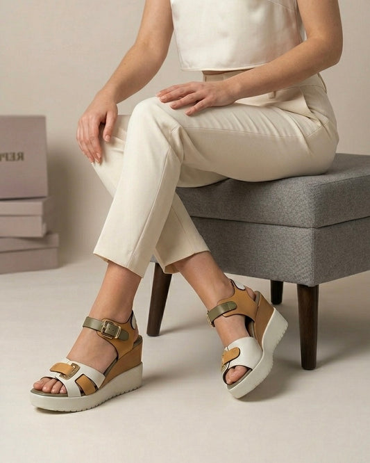Sandali donna Stonefly con zeppa platform bianca, fasce in pelle bianca, cuoio e fango con grandi fibbie dorate logate-modella.