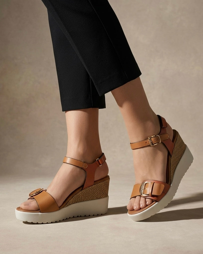 Sandali donna Stonefly con zeppa alta, tomaia in pelle color cuoio, dettaglio fibbia dorata sulla fascia e cinturino regolabile alla caviglia-indossate.