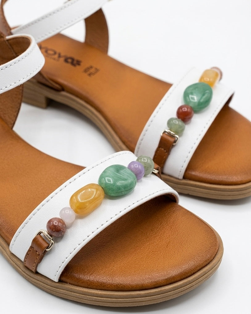 Sandalo basso donna in vera pelle bianca con pietre colorate e plantare memory foam Buttò Calzature - dettaglio.