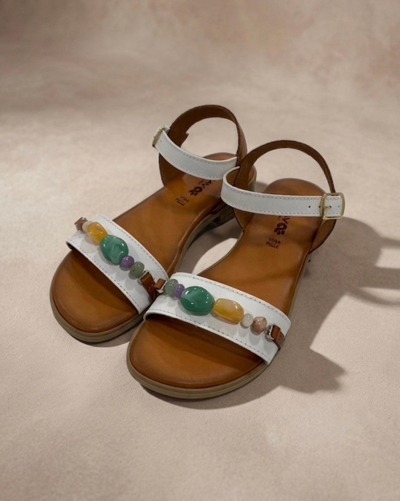 Sandalo basso donna in vera pelle bianca con pietre colorate e plantare memory foam Buttò Calzature