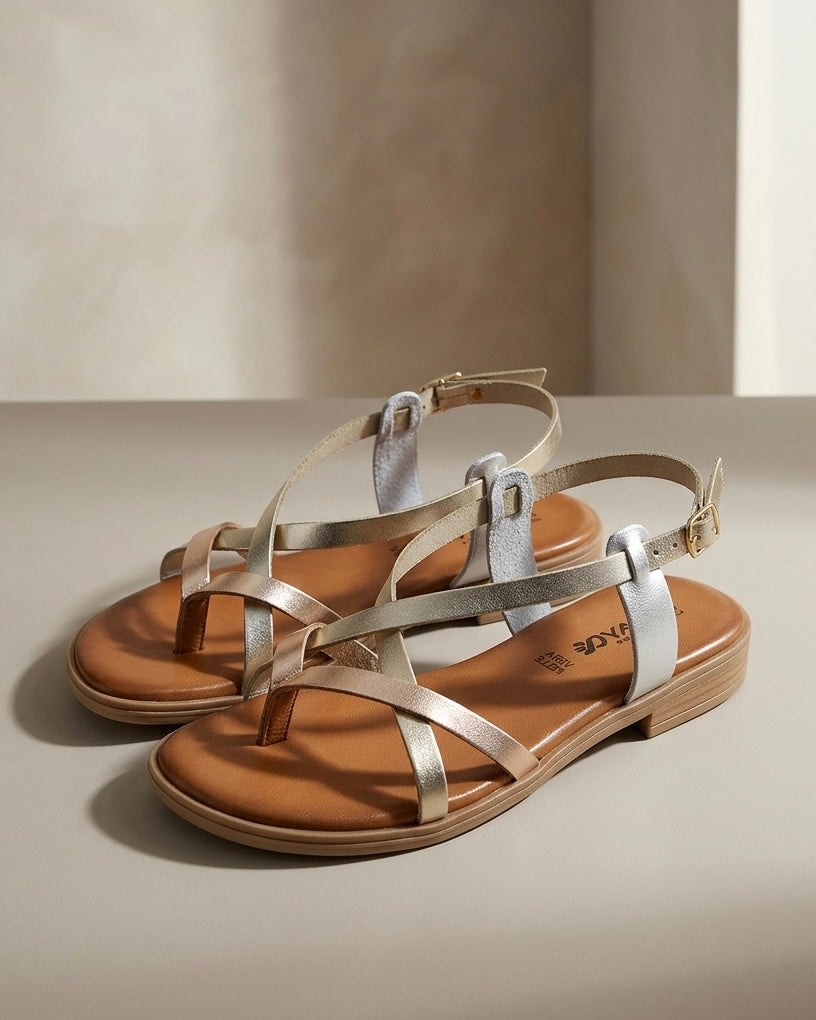 Sandalo basso infradito donna in vera pelle laminata platino oro e argento con listini incrociati e plantare memory foam Buttò Calzature 