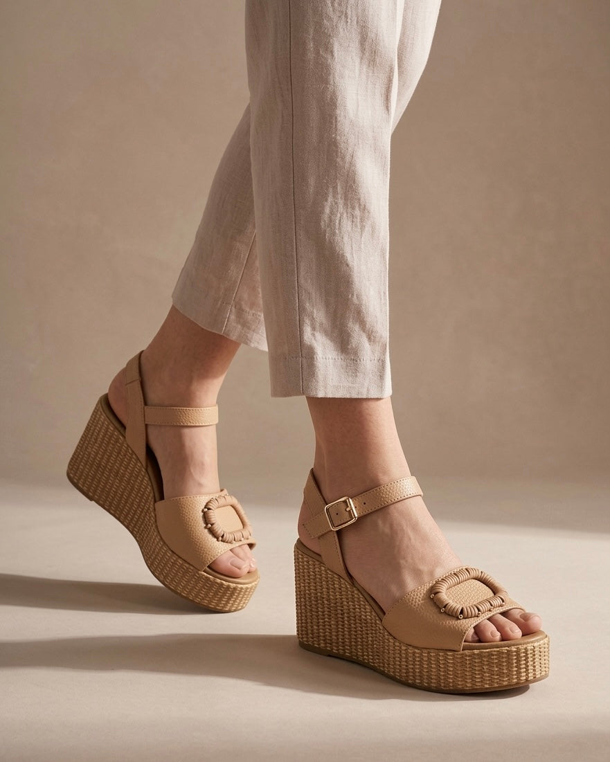 Sandali REPO con zeppa in corda intrecciata e tomaia in pelle martellata beige nude, dettaglio fibbia decorativa e cinturino alla caviglia-indossati.