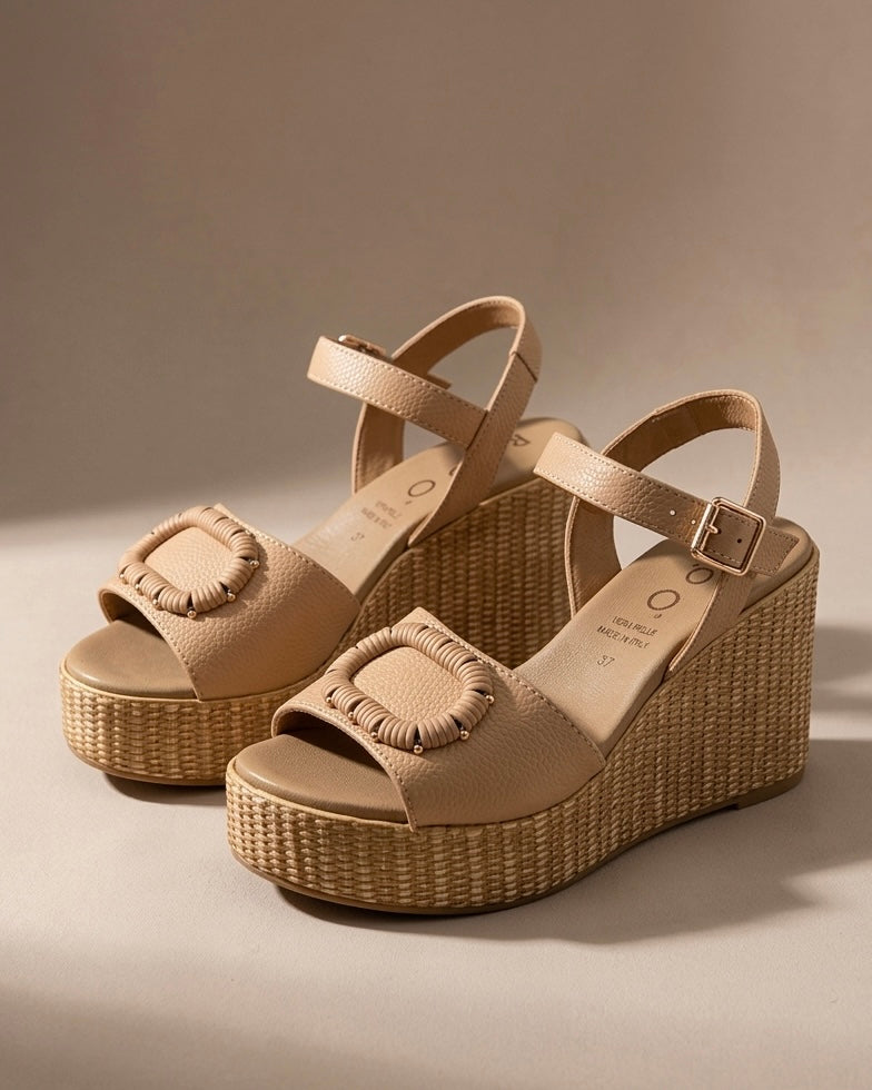 Sandali REPO con zeppa in corda intrecciata e tomaia in pelle martellata beige nude, dettaglio fibbia decorativa e cinturino alla caviglia.