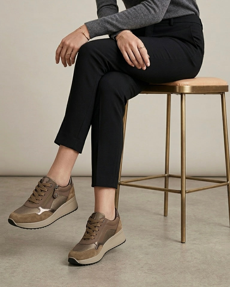 Sneakers da donna brand IMAC in pelle bronzo metallizzato e camoscio taupe, con lacci piatti e pratica zip laterale su suola platform beige-modella.