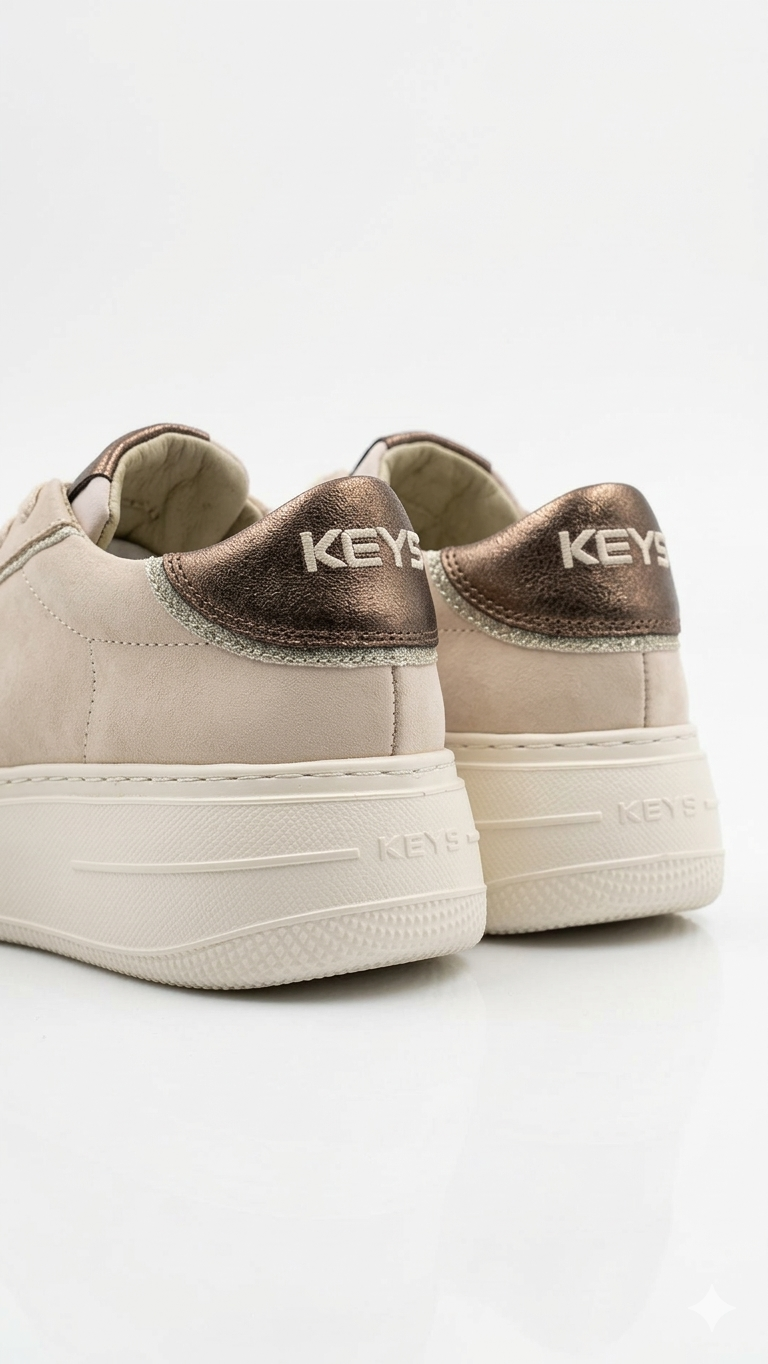 Sneakers platform Keys donna color cipria con dettagli bronzo e farfalla gioiello sui lacci - retro scarpa.