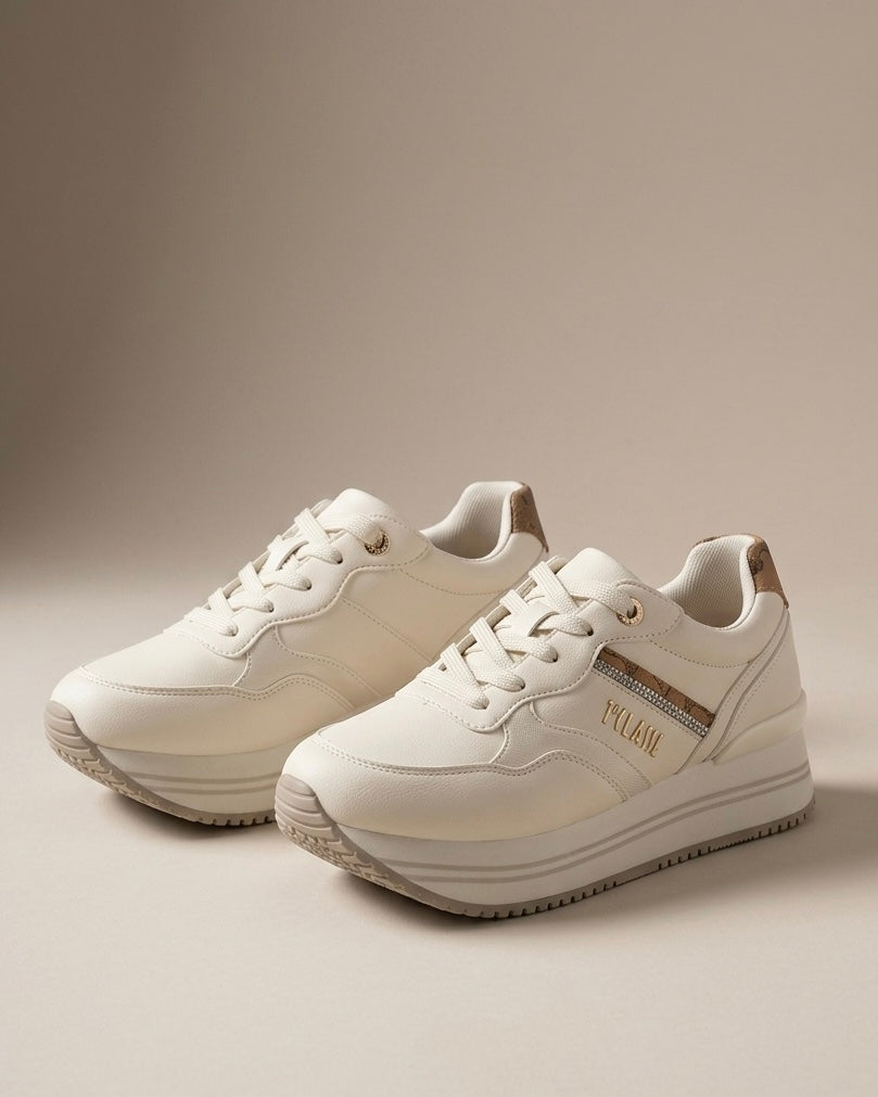 Sneakers donna panna Alviero Martini 1ª Classe con zeppa platform, logo dorato laterale e inserti in stampa mappa Geo Classic.