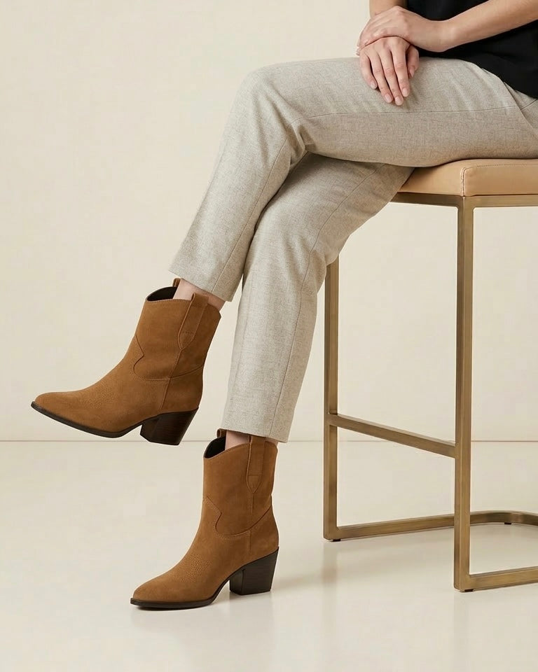 Stivaletti texani scamosciati color cognac con cuciture decorative sulla punta e tacco cubano nero-modella.