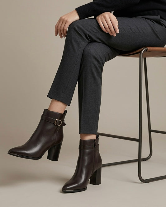 Stivaletti marrone scuro in pelle liscia a punta con inserto metallico sulla punta, cinturino alla caviglia con fibbia e tacco largo medio-modella.