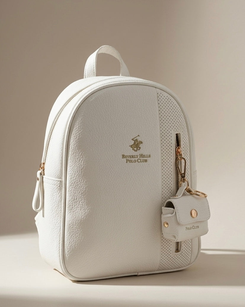 Zainetto bianco Beverly Hills Polo Club con dettaglio traforato, cerniera dorata e mini charm borsellino rimovibile - Buttò Calzature.