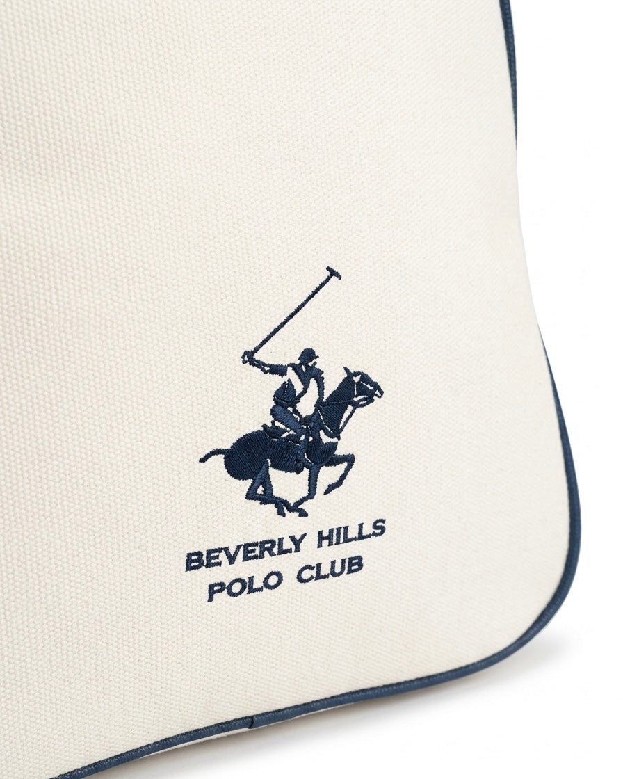 Zainetto bianco Beverly Hills Polo Club con finiture blu, manico rosso, chiusura a zip e logo ricamato - Buttò Calzature - dettaglio.