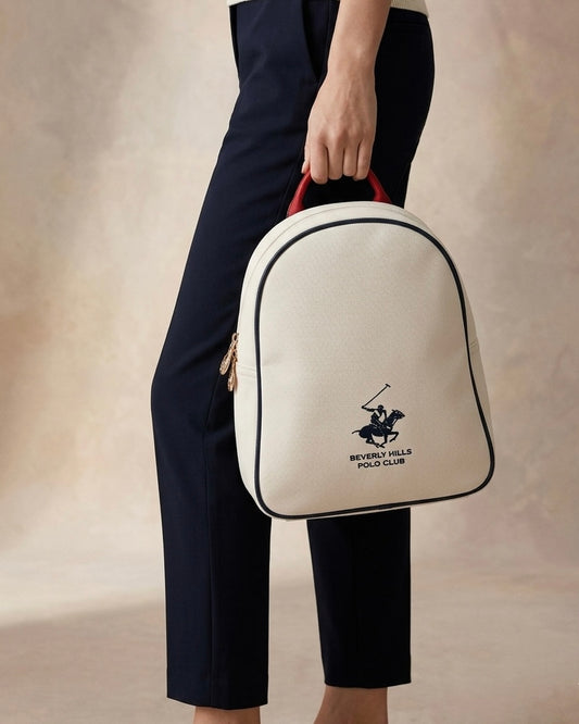 Zainetto bianco Beverly Hills Polo Club con finiture blu, manico rosso, chiusura a zip e logo ricamato - Buttò Calzature - modella.