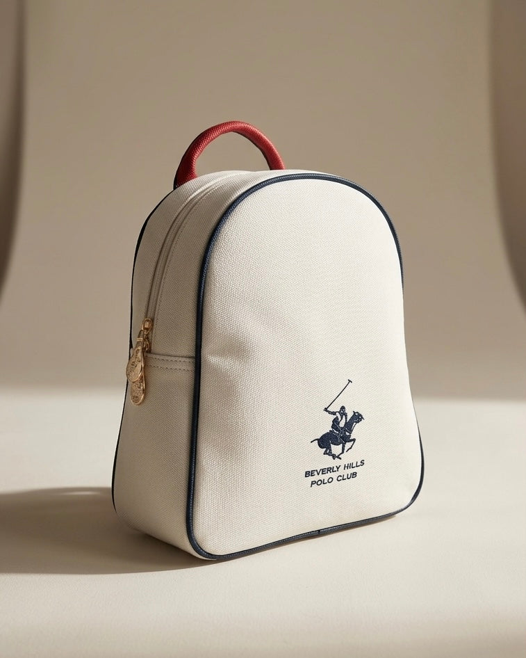 Zainetto bianco Beverly Hills Polo Club con finiture blu, manico rosso, chiusura a zip e logo ricamato - Buttò Calzature.