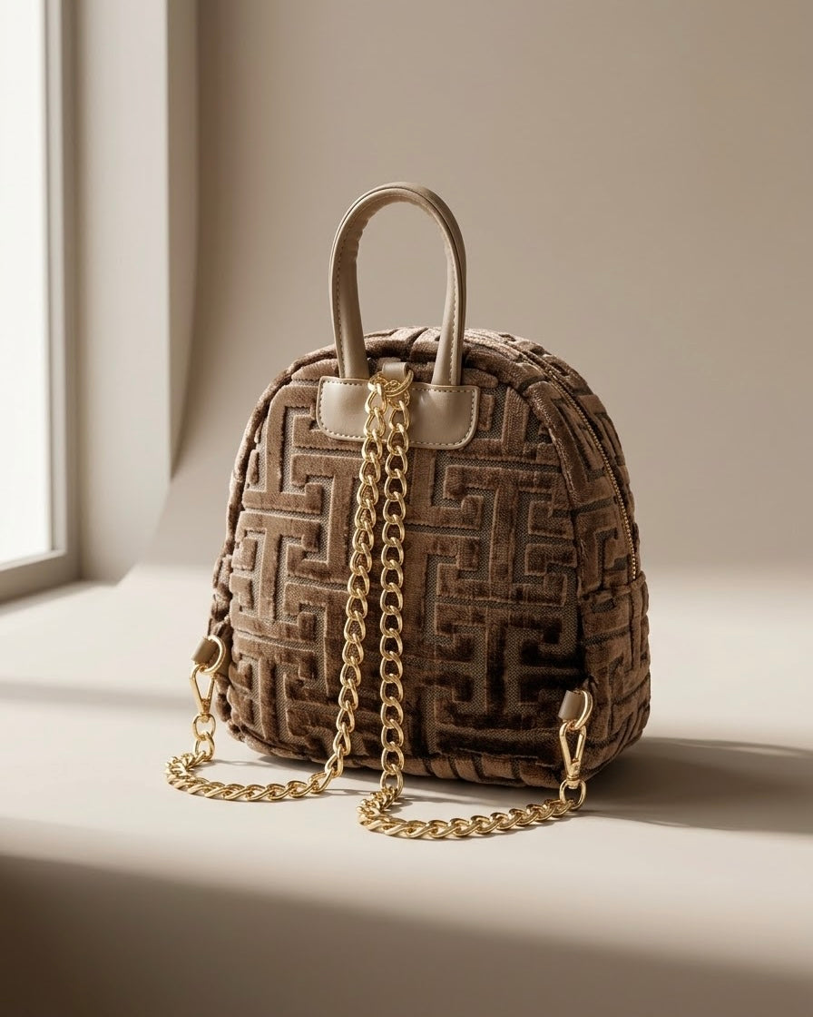 Zaino Sorena prodotto in Grecia in tessuto jacquard vellutato con motivo geometrico greco bronzo e tortora, logo S e zip dorate - Buttò Calzature - retro.